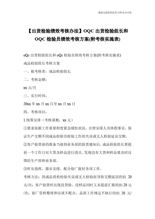 【出货检验绩效考核办法】OQC出货检验组长和OQC检验员绩效考核方案(附考核实施表)