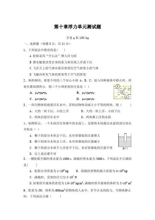 人教版八年级物理下册浮力单元测试题