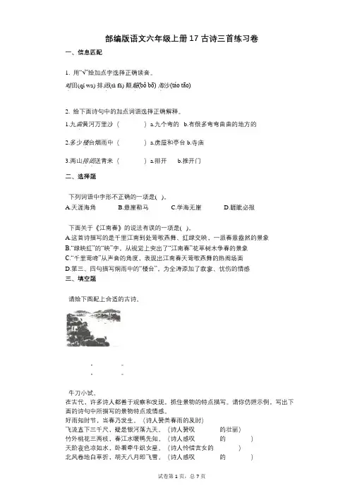 小学语文-有答案-部编版语文六年级上册17_古诗三首练习卷 (1)