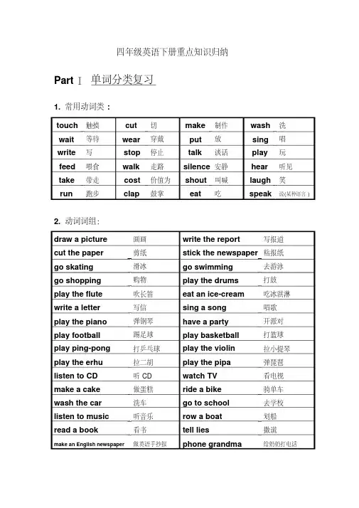 四年级下册英语重点知识归纳