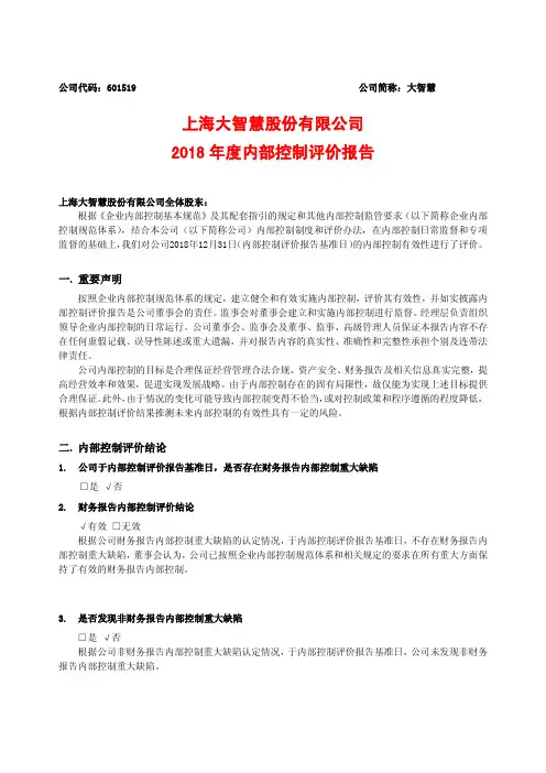 上海大智慧股份有限公司2018年度内部控制评价报告