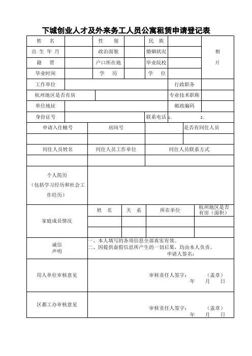 下城人才公寓租赁申请登记表1