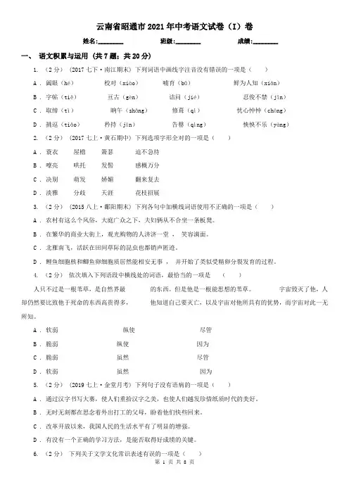 云南省昭通市2021年中考语文试卷(I)卷(模拟)