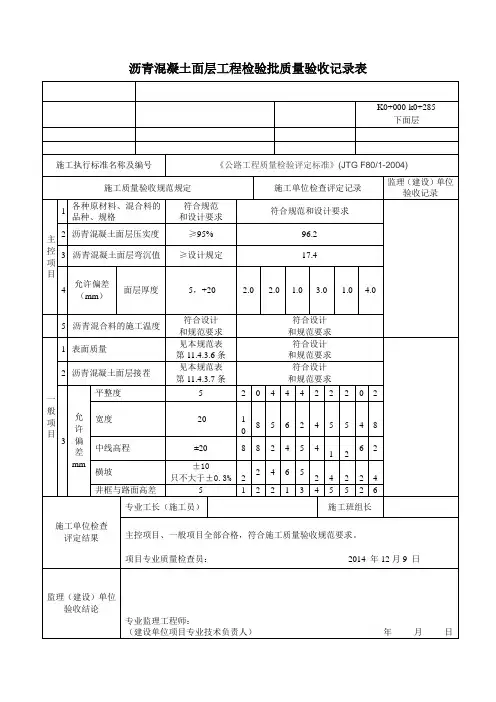 沥青混凝土面层工程检验批质量验收记录表