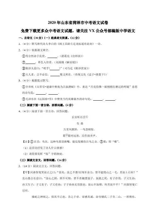 山东省菏泽市2020年中考语文试题(word版含解析)