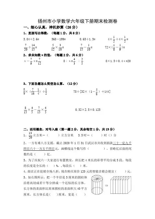 扬州市小学数学六年级下册期末检测卷含答案 (2)