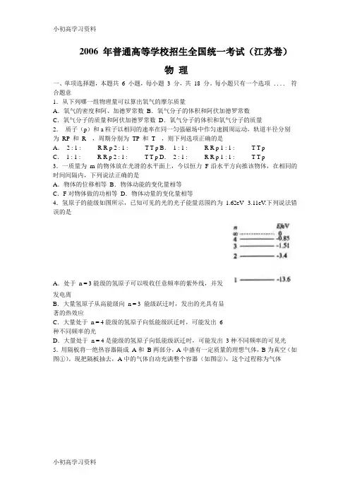 教育最新2006 年高考物理试题及答案(江苏卷)