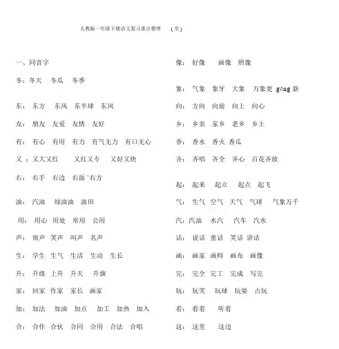 最新人教版一年级下册语文复习重点整理(全).doc