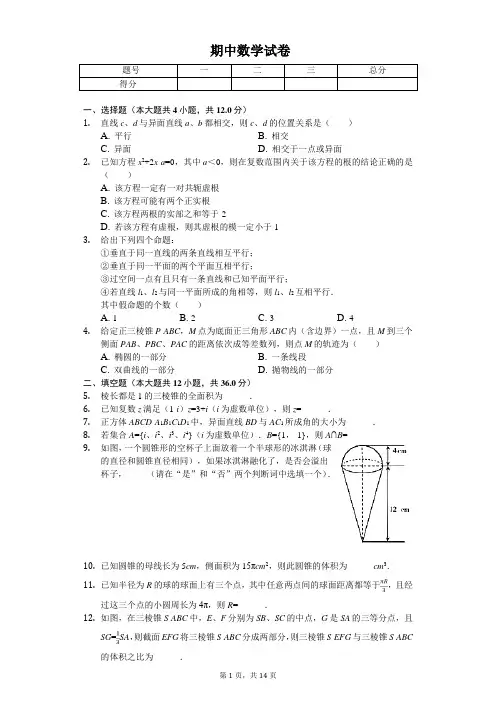 2020年上海市浦东新区建平中学高二(下)期中数学试卷 