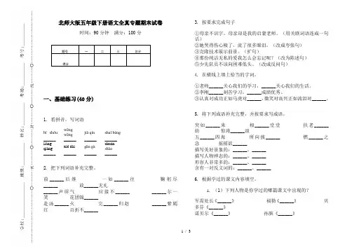 北师大版五年级下册语文全真专题期末试卷