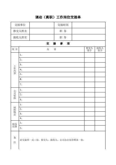 管理人员工作调动(离职)交接单