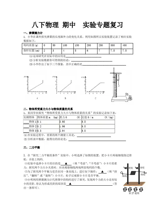 八下物理 期中  实验专题复习