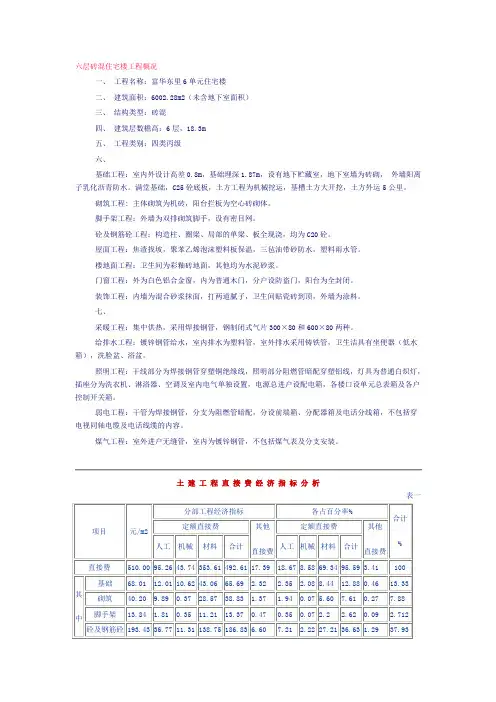 六层砖混住宅楼工程造价指标