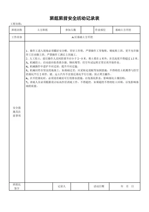 建筑工程班组班前安全活动记录表