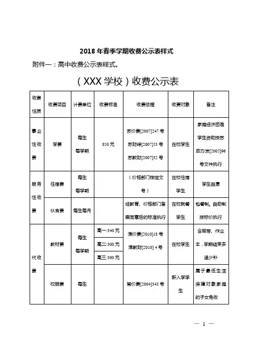 2018年春季学期收费公示表样式