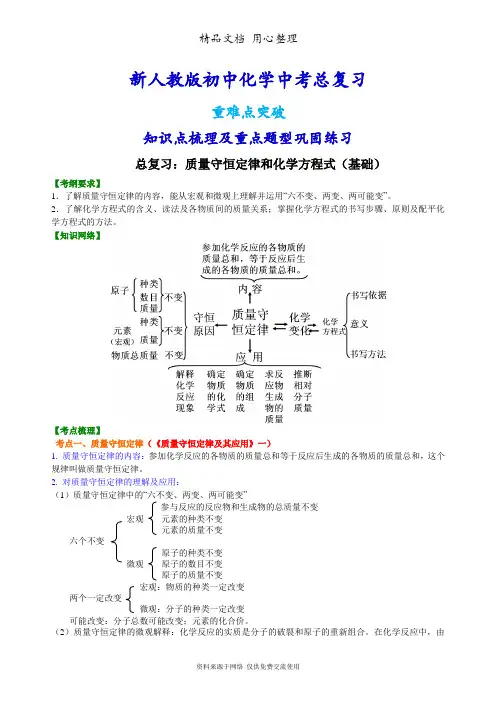 新人教版初中化学[中考总复习：质量守恒定律和化学方程式(基础) 知识点整理及重点题型梳理]