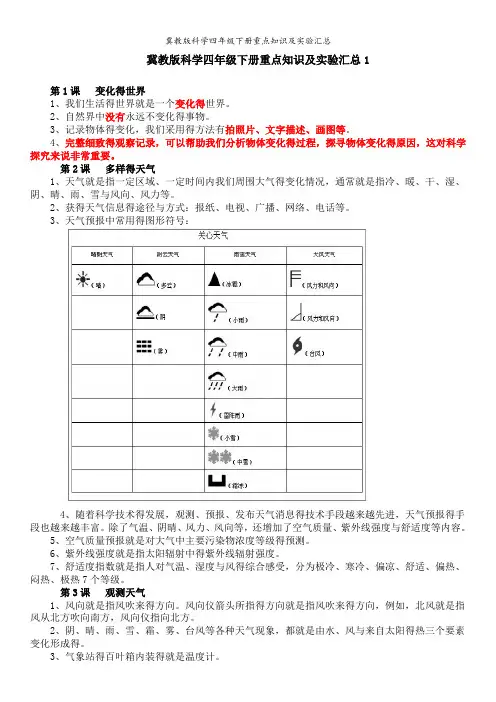 冀教版科学四年级下册重点知识及实验汇总