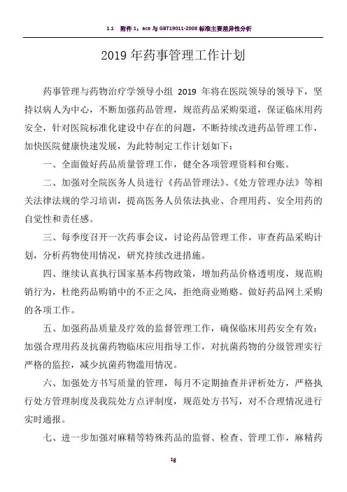 2019年药事管理工作计划