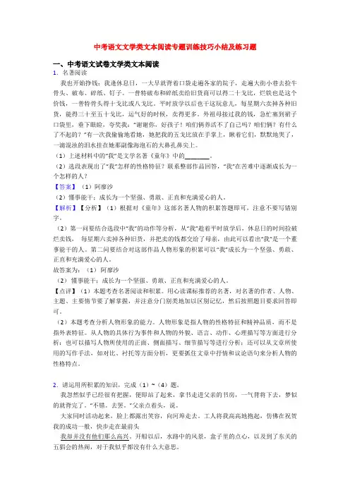 中考语文文学类文本阅读专题训练技巧小结及练习题