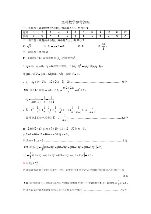 2019-2020学年第一学期高三综合测试文科数学参考答案