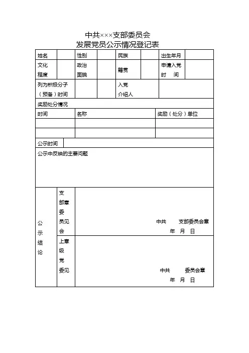 预备党员转正公示情况登记表