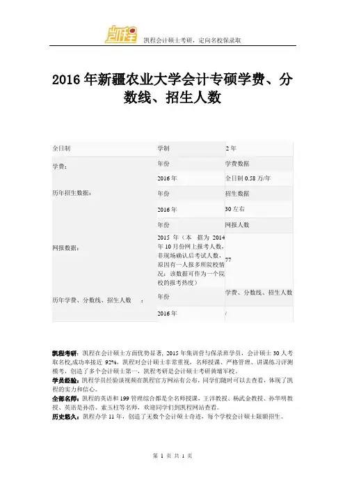 2016年新疆农业大学会计专硕学费、分数线、招生人数