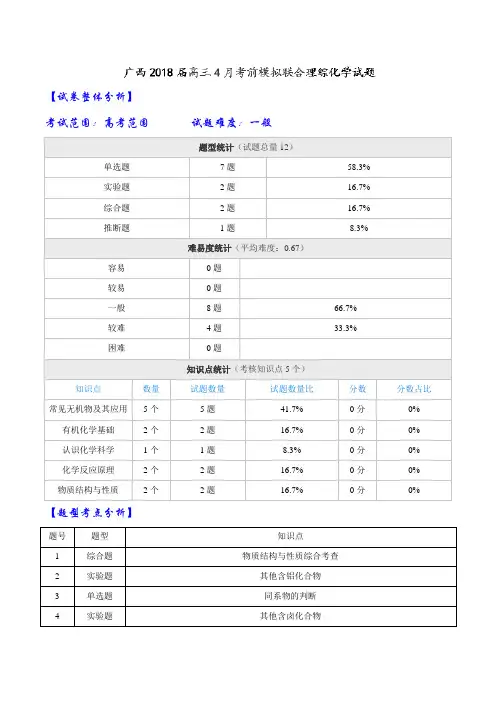 【全国大联考】【广西(新课标Ⅲ)】广西2018届高三4月考前模拟联合理综化学试题(解析版)
