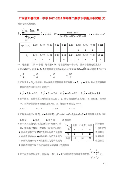 广东省阳春市第一中学2017_2018学年高二数学下学期月考试题文201810041305