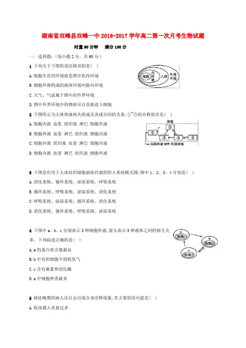 湖南省双峰县第一中学2016-2017学年高二生物上学期第一次月考试题