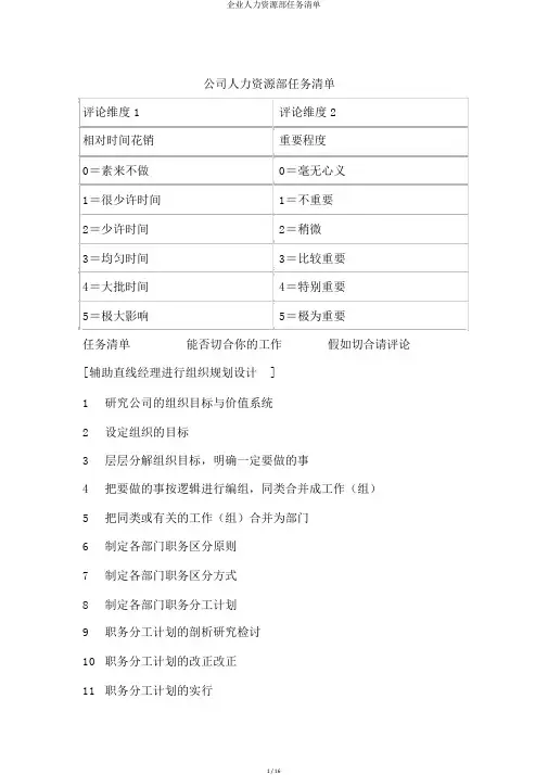 企业人力资源部任务清单 2