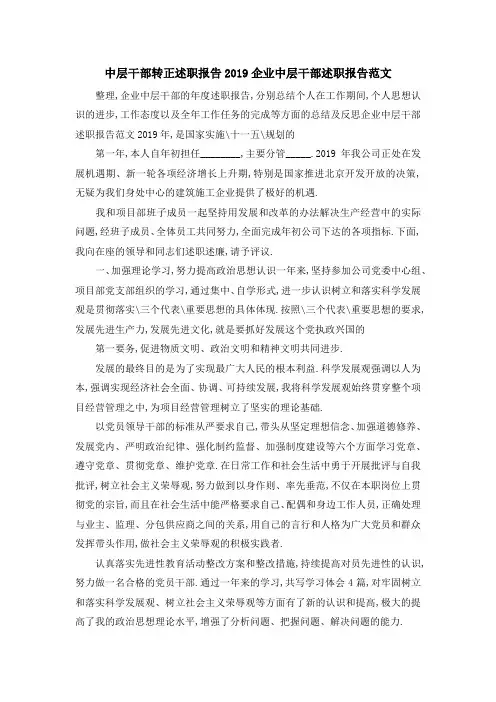 中层干部转正述职报告 2019企业中层干部述职报告范文 精品