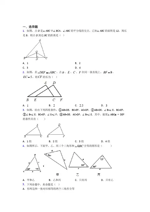 苏州市八年级数学上册第二单元《全等三角形》测试(有答案解析)