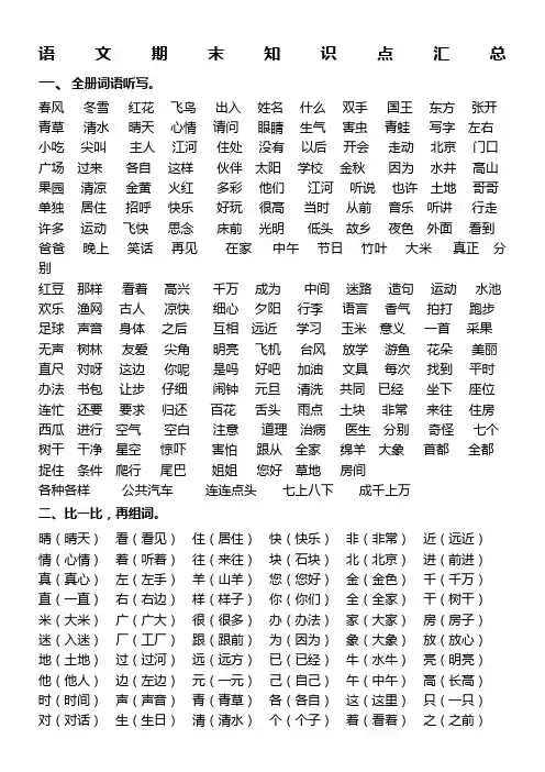 人教版语文一年级下册期末知识点汇总