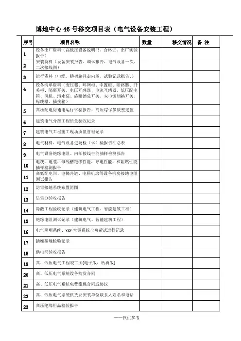 电气设备工程移交清单