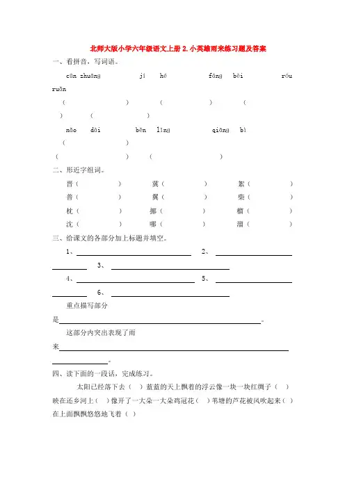 北师大版小学六年级语文上册.小英雄雨来练习题及答案