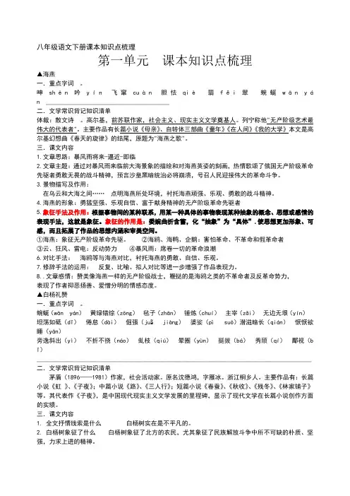 苏教版八年级语文下册第一单元课本知识点梳理