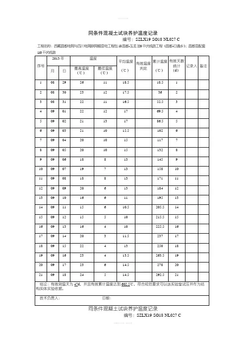 混凝土试块同条件养护温度记录表 2