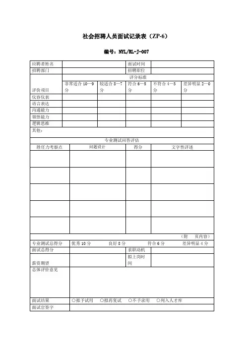 社会招聘人员面试记录表