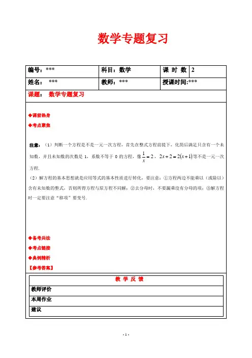 数学专题复习 含答案    一元一次方程及其应用
