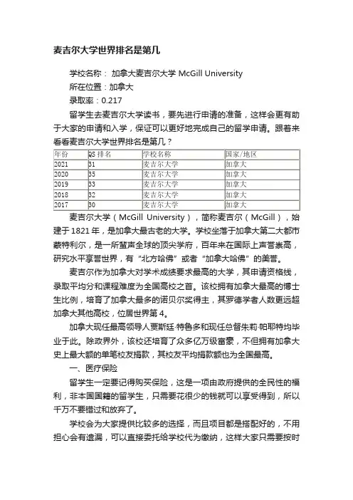 麦吉尔大学世界排名是第几