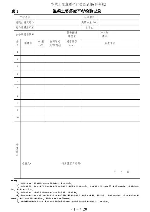 市政工程监理平行检验表格(参考版)