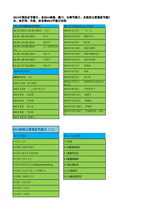 2014中国及欧洲各国美国节假日