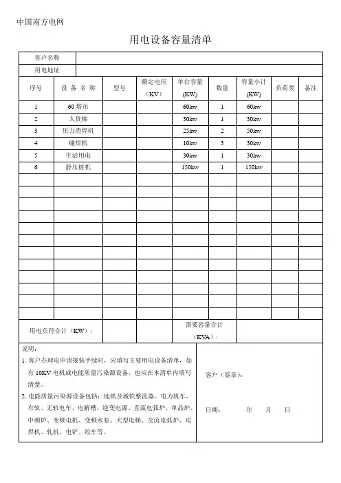 用电设备容量清单 2
