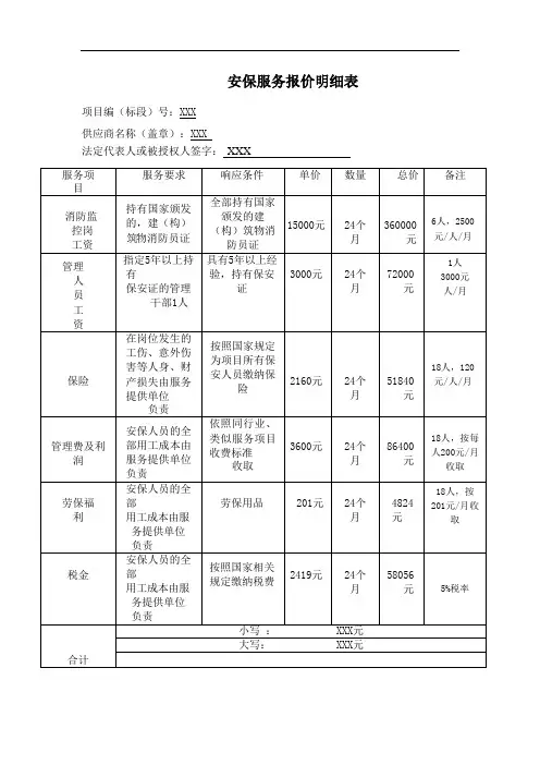 安保服务报价明细表