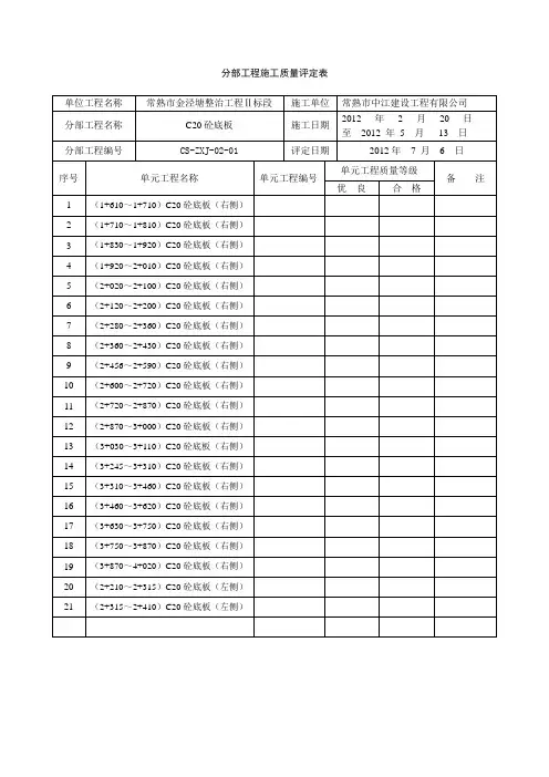 水利水电工程分部工程施工质量评定表