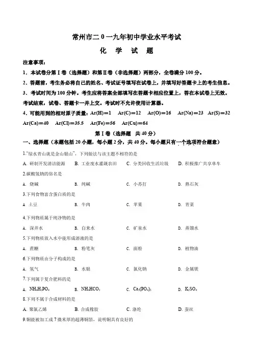 2019年江苏省常州市中考化学真题(原卷版)