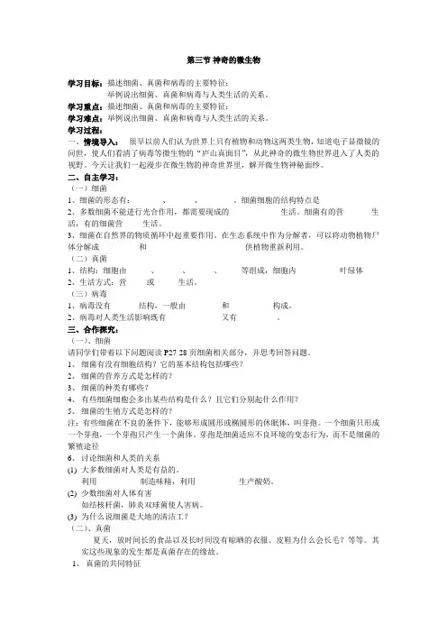 苏教版八年级上册生物-第三节神奇的微生物