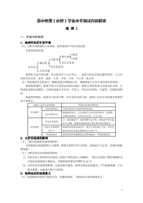 高中地理(必修1)知识点概括复习提纲即学业水平测试内容解读