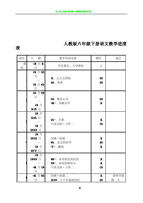 人教版六年级下册语文教学进度表