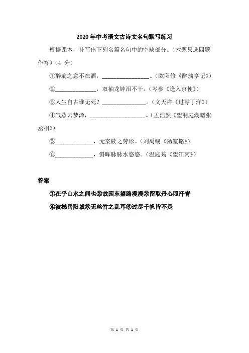 2020年中考语文古诗文名句默写练习二
